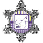 Purple Gingham & Stripe Vintage Snowflake Ornament (Personalized)