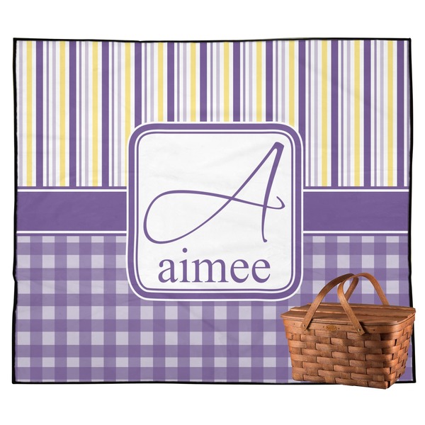 Custom Purple Gingham & Stripe Outdoor Picnic Blanket (Personalized)