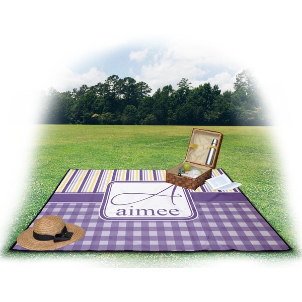 Purple Gingham & Stripe Picnic Blanket - with Basket Hat and Book - in Use