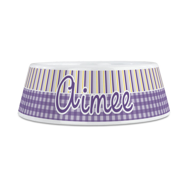Purple Gingham & Stripe Plastic Dog Bowls - Medium - FRONT