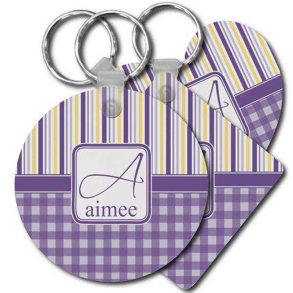Custom Purple Gingham & Stripe Plastic Keychain (Personalized)