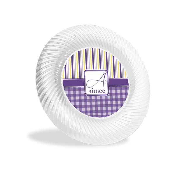 Custom Purple Gingham & Stripe Plastic Party Appetizer & Dessert Plates - 6" (Personalized)