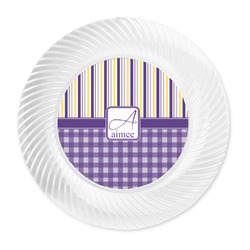 Purple Gingham & Stripe Plastic Party Dinner Plates - 10" (Personalized)