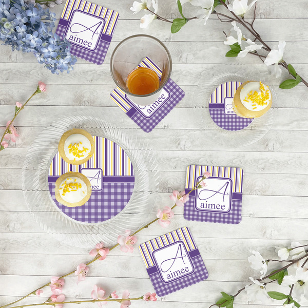 Purple Gingham & Stripe Plastic Party Dinner Plates - In Context