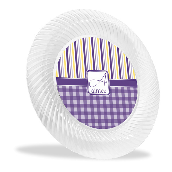Custom Purple Gingham & Stripe Plastic Party Dinner Plates - 10" (Personalized)
