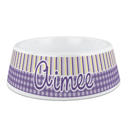 Purple Gingham & Stripe Plastic Dog Bowl (Personalized)