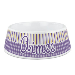 Purple Gingham & Stripe Plastic Dog Bowl - Medium (Personalized)
