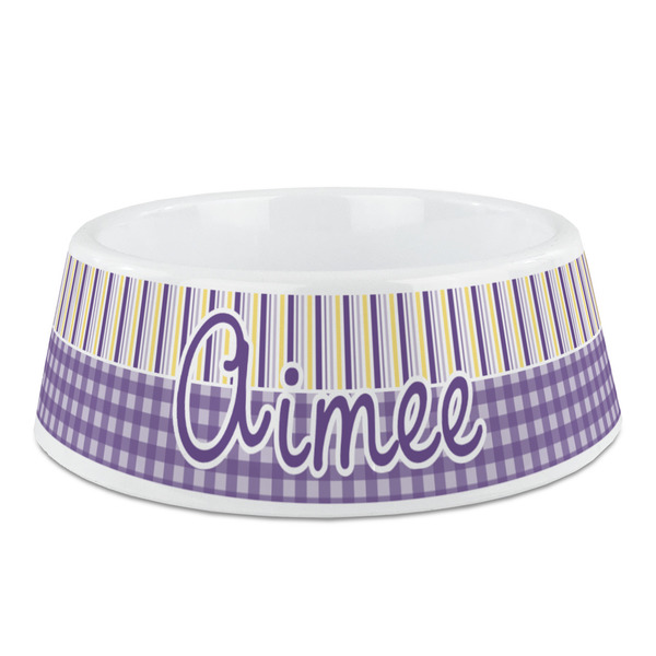 Custom Purple Gingham & Stripe Plastic Dog Bowl (Personalized)