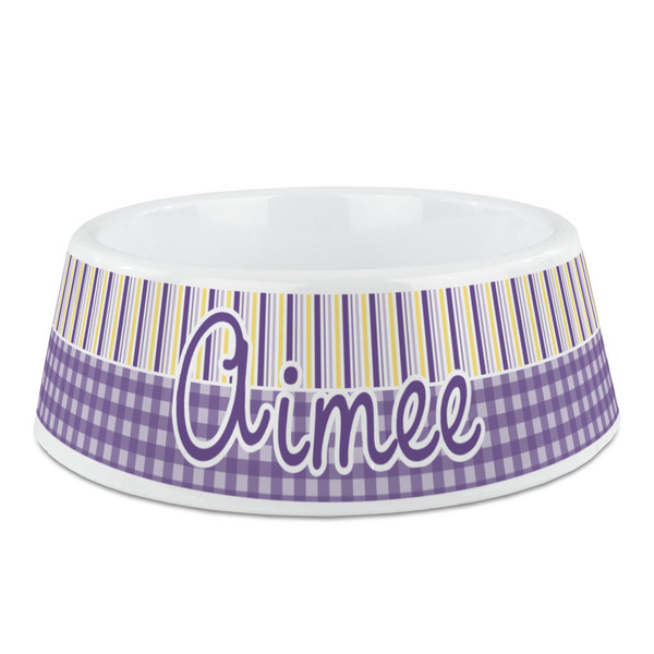 Custom Purple Gingham & Stripe Plastic Dog Bowl - Medium (Personalized)