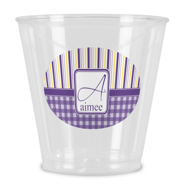 Custom Purple Gingham & Stripe Plastic Shot Glass (Personalized)