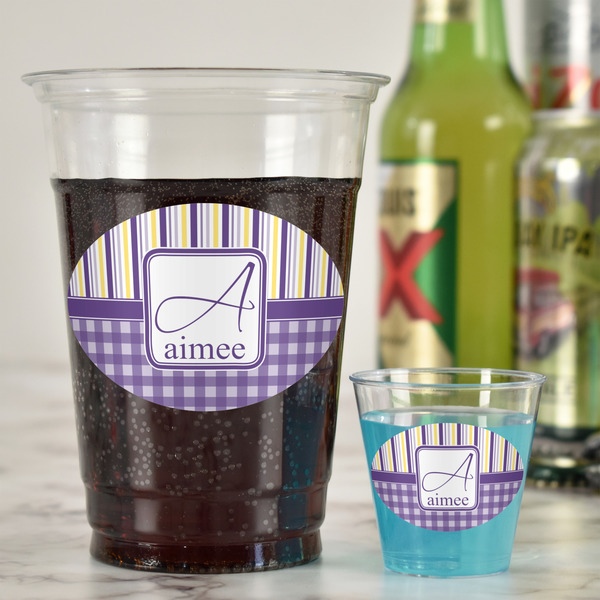 Purple Gingham & Stripe Plastic Shot Glasses - In Context
