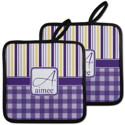 Purple Gingham & Stripe Pot Holders - Set of 2 w/ Name and Initial