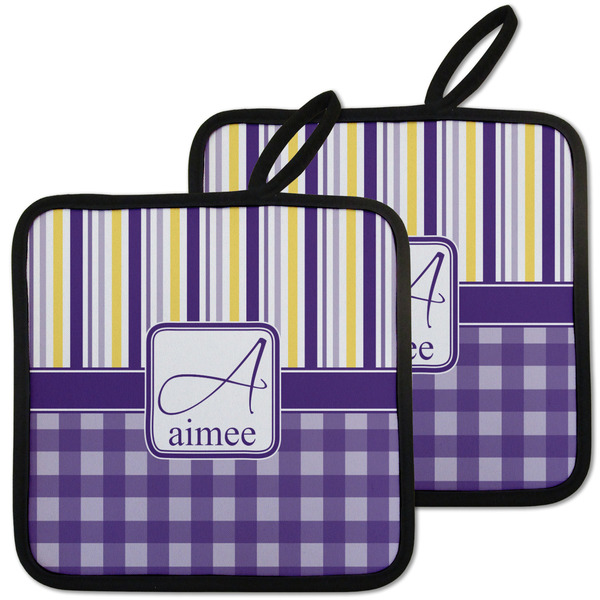 Custom Purple Gingham & Stripe Pot Holders - Set of 2 w/ Name and Initial