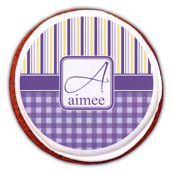Purple Gingham & Stripe Printed Icing Circle - Large - On Cookie