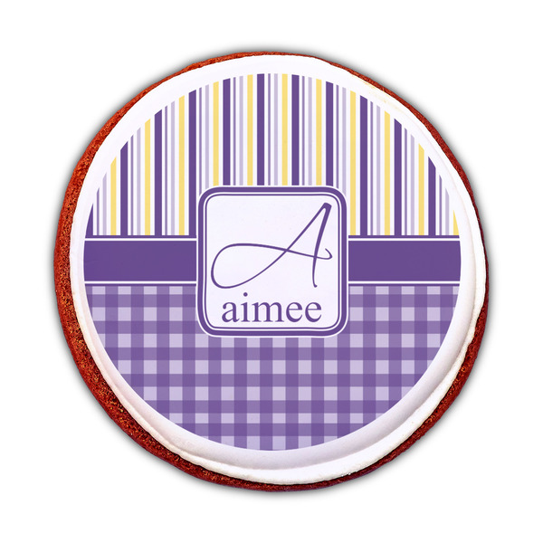 Purple Gingham & Stripe Printed Icing Circle - Medium - On Cookie