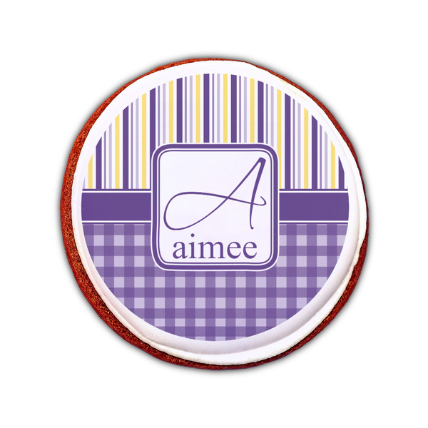 Purple Gingham & Stripe Printed Icing Circle - Small - On Cookie
