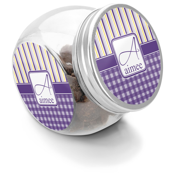 Custom Purple Gingham & Stripe Puppy Treat Jar (Personalized)