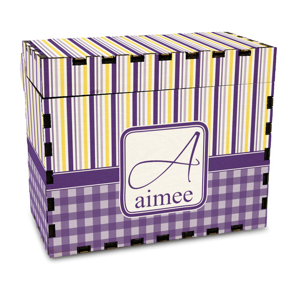 Custom Purple Gingham & Stripe Wood Recipe Box - Full Color Print (Personalized)