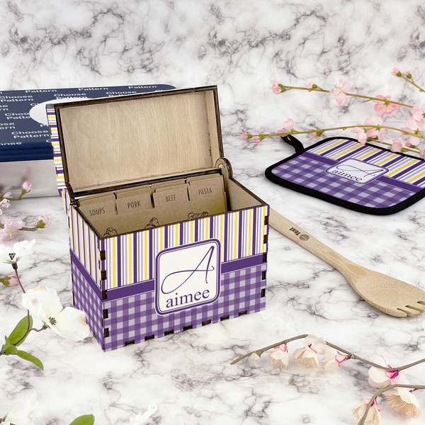 Purple Gingham & Stripe Recipe Box - Full Color - In Context