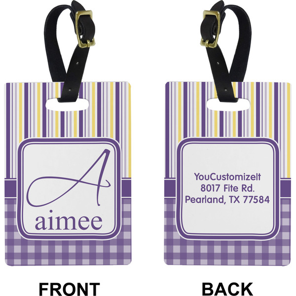 Purple Gingham & Stripe Rectangle Luggage Tag (Front + Back)