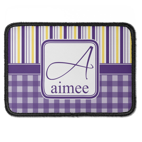 Custom Purple Gingham & Stripe Iron On Rectangle Patch w/ Name and Initial