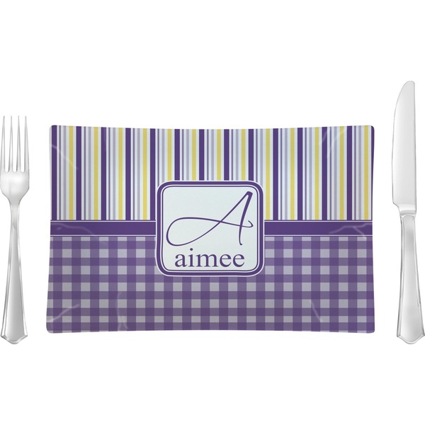 Custom Purple Gingham & Stripe Rectangular Glass Lunch / Dinner Plate - Single or Set (Personalized)