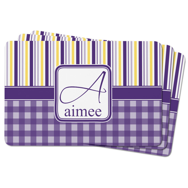Purple Gingham & Stripe Rectangular Fridge Magnet - THREE