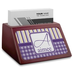 Purple Gingham & Stripe Red Mahogany Business Card Holder (Personalized)