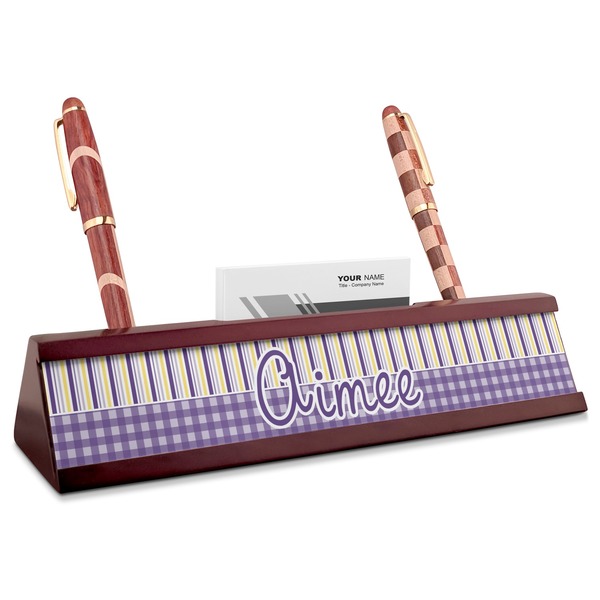 Custom Purple Gingham & Stripe Red Mahogany Nameplate with Business Card Holder (Personalized)