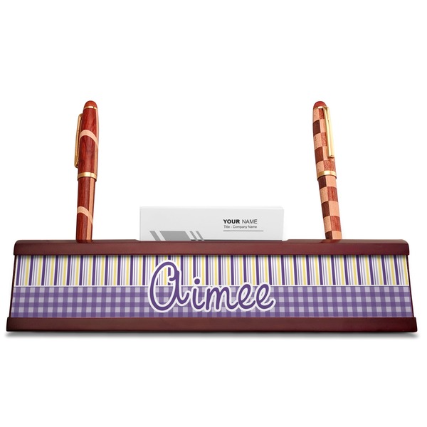 Purple Gingham & Stripe Red Mahogany Nameplates with Business Card Holder - Straight