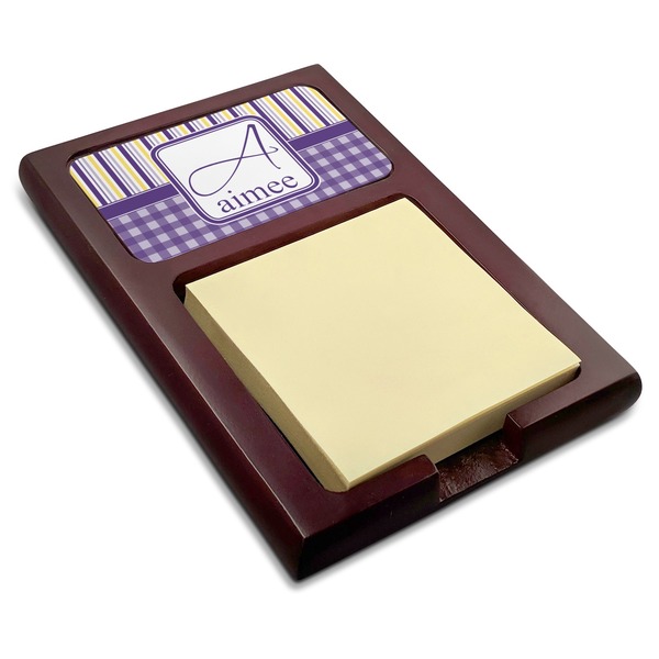 Custom Purple Gingham & Stripe Red Mahogany Sticky Note Holder (Personalized)