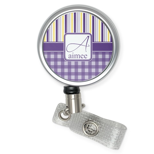 Custom Purple Gingham & Stripe Retractable Badge Reel (Personalized)