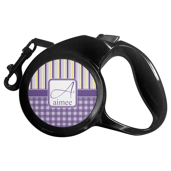 Custom Purple Gingham & Stripe Retractable Dog Leash (Personalized)