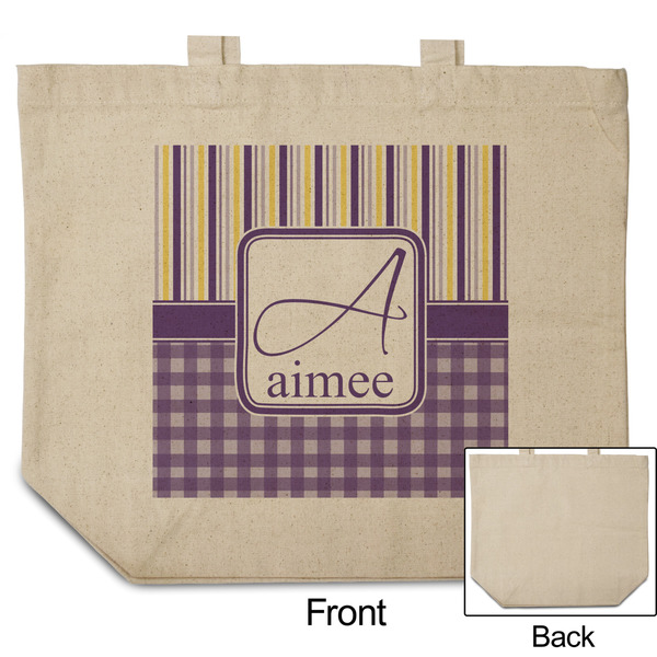 Purple Gingham & Stripe Reusable Cotton Grocery Bag - Front & Back View