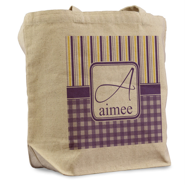 Custom Purple Gingham & Stripe Reusable Cotton Grocery Bag (Personalized)