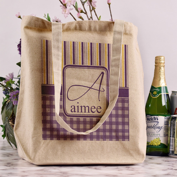 Purple Gingham & Stripe Reusable Cotton Grocery Bag - In Context