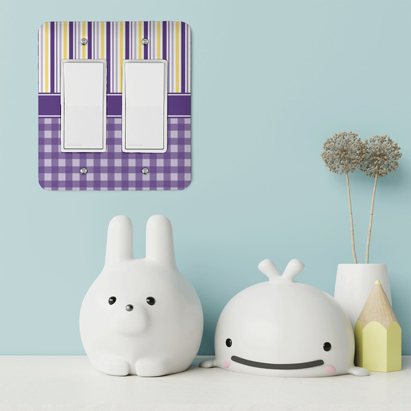 Purple Gingham & Stripe Rocker Light Switch Covers - Double - IN CONTEXT