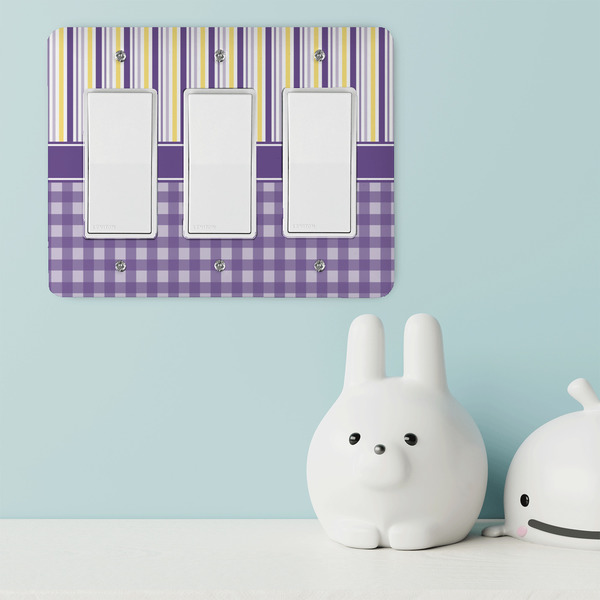 Purple Gingham & Stripe Rocker Light Switch Covers - Triple - IN CONTEXT