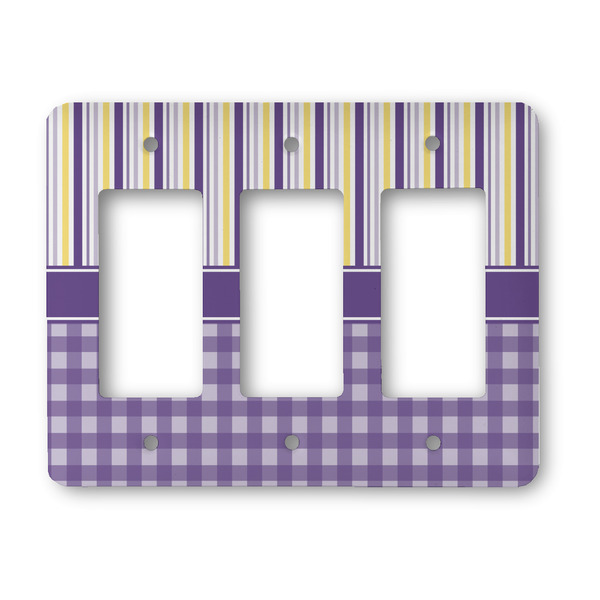 Custom Purple Gingham & Stripe Rocker Style Light Switch Cover - Three Switch