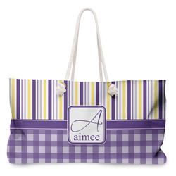 Purple Gingham & Stripe Large Tote Bag with Rope Handles (Personalized)