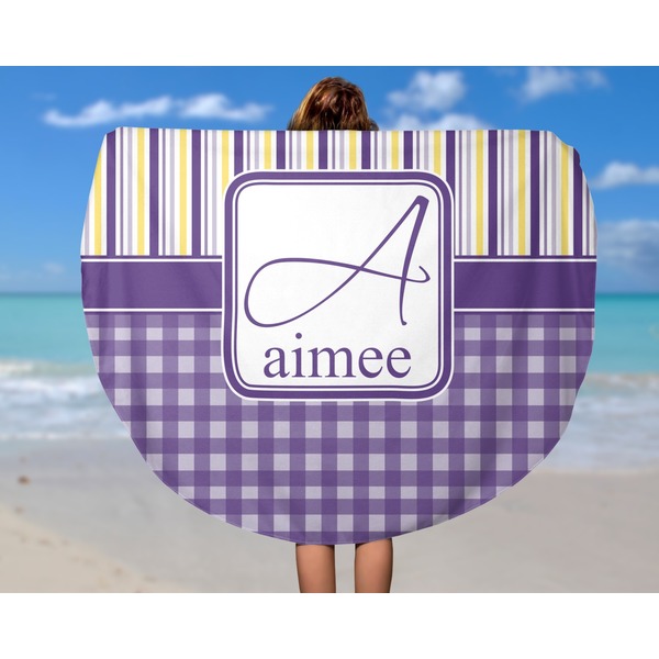 Purple Gingham & Stripe Round Beach Towel - In Use