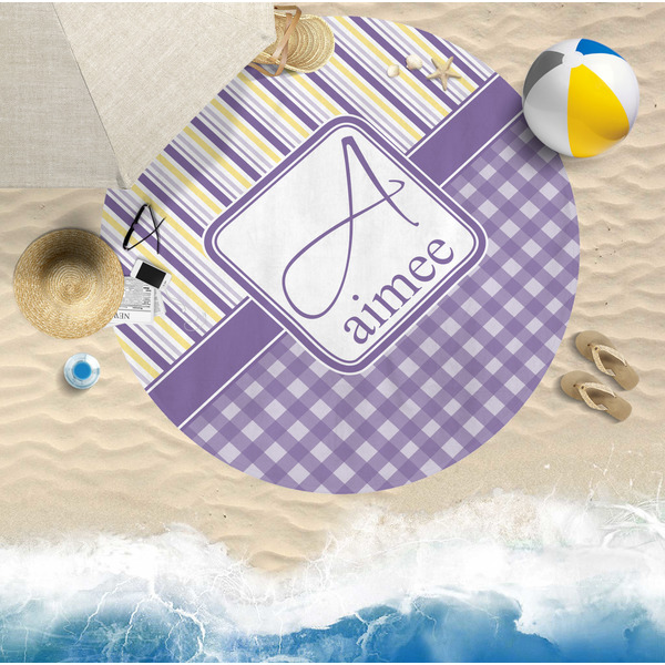 Purple Gingham & Stripe Round Beach Towel Lifestyle