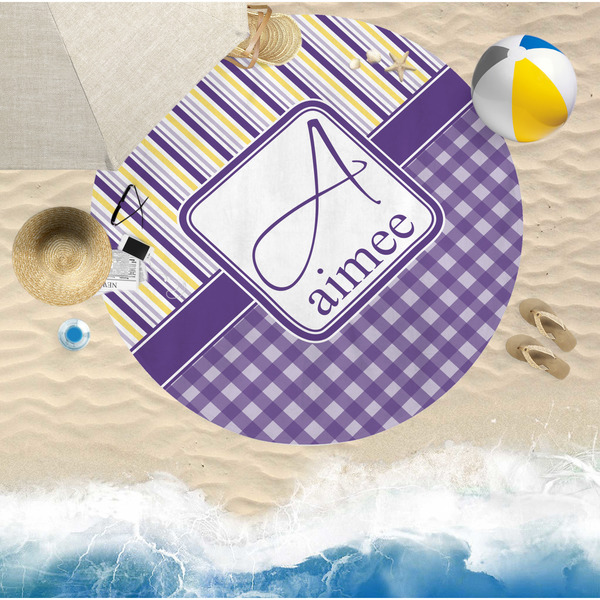 Purple Gingham & Stripe Round Beach Towel Lifestyle