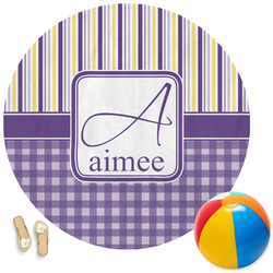 Purple Gingham & Stripe Round Beach Towel (Personalized)