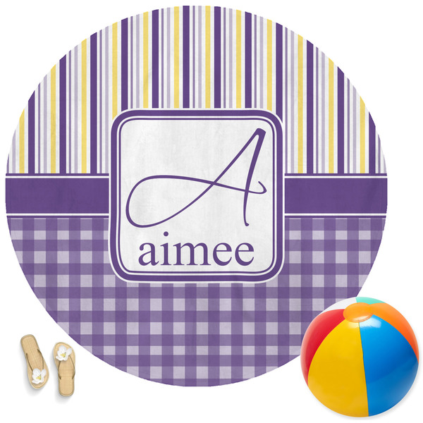 Custom Purple Gingham & Stripe Round Beach Towel (Personalized)