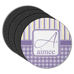 Purple Gingham & Stripe Round Rubber Backed Coasters - Set of 4 (Personalized)