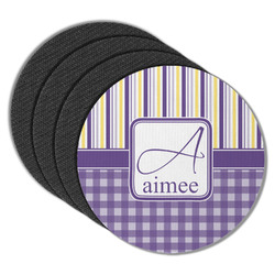 Purple Gingham & Stripe Round Rubber Backed Coasters - Set of 4 (Personalized)