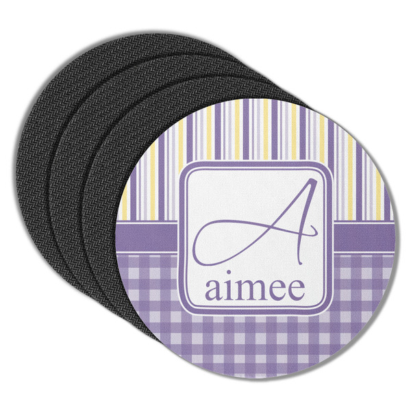 Custom Purple Gingham & Stripe Round Rubber Backed Coasters - Set of 4 (Personalized)