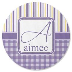 Purple Gingham & Stripe Round Rubber Backed Coaster (Personalized)