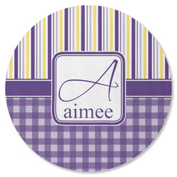 Purple Gingham & Stripe Round Rubber Backed Coaster (Personalized)